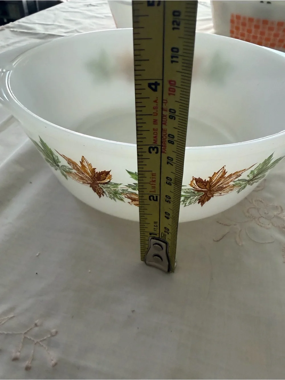 Glasbake White Milk Glass Casserole with Autumn Leaf Motif